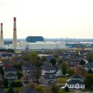 Industrial complex near residential area highlighting environmental concerns