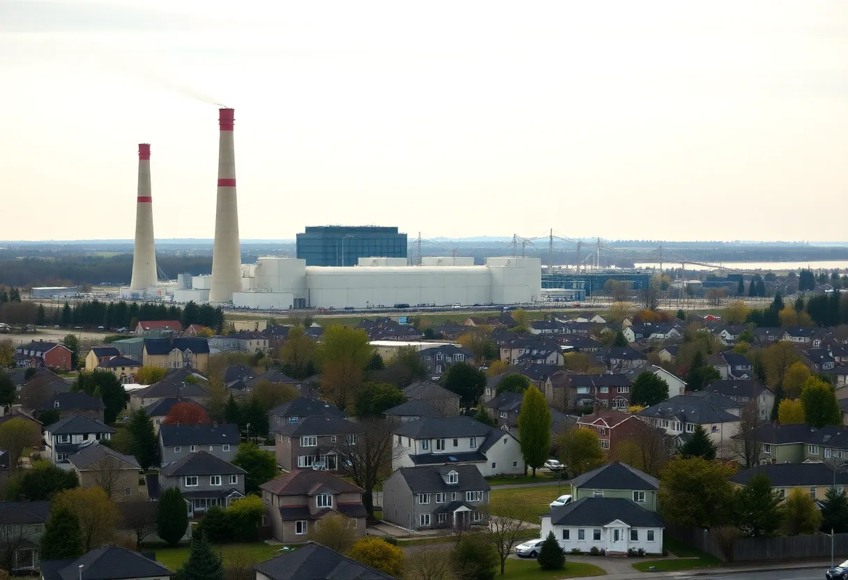 Industrial complex near residential area highlighting environmental concerns