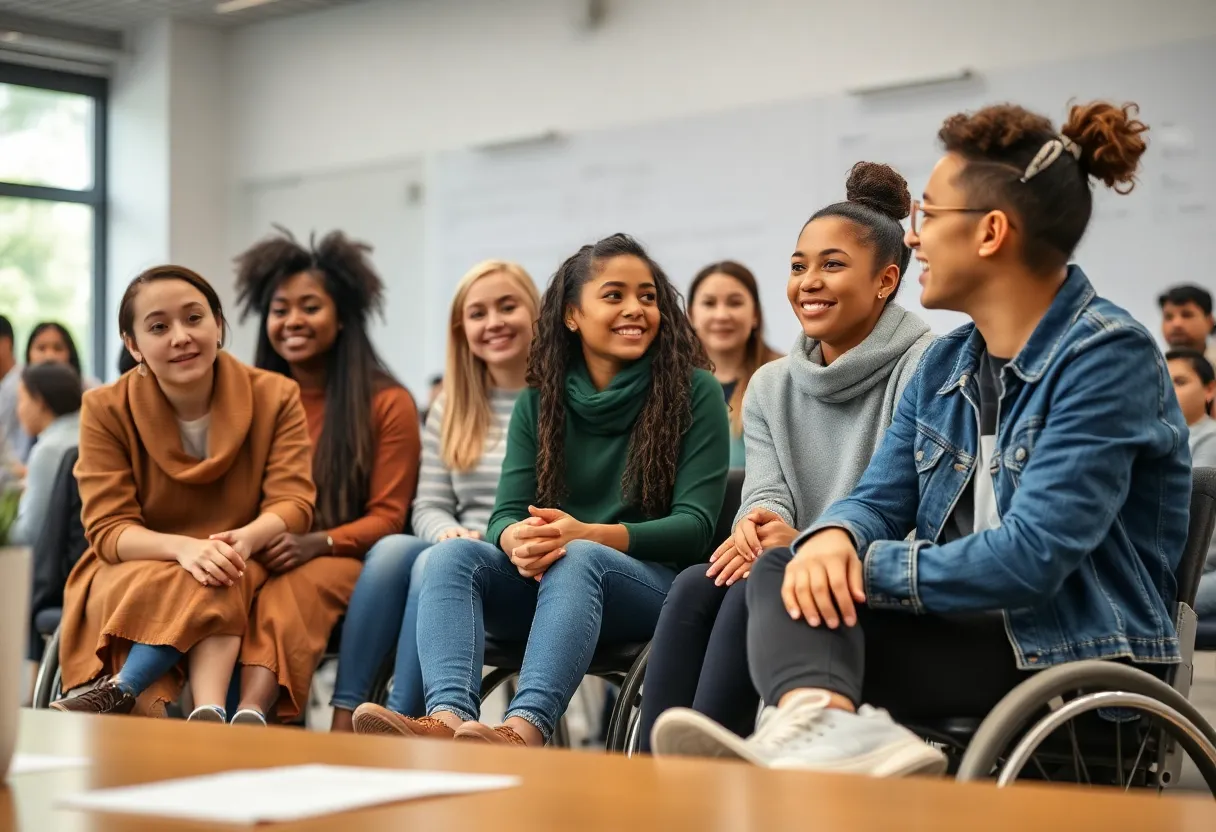 Group of young advocates discussing disability rights
