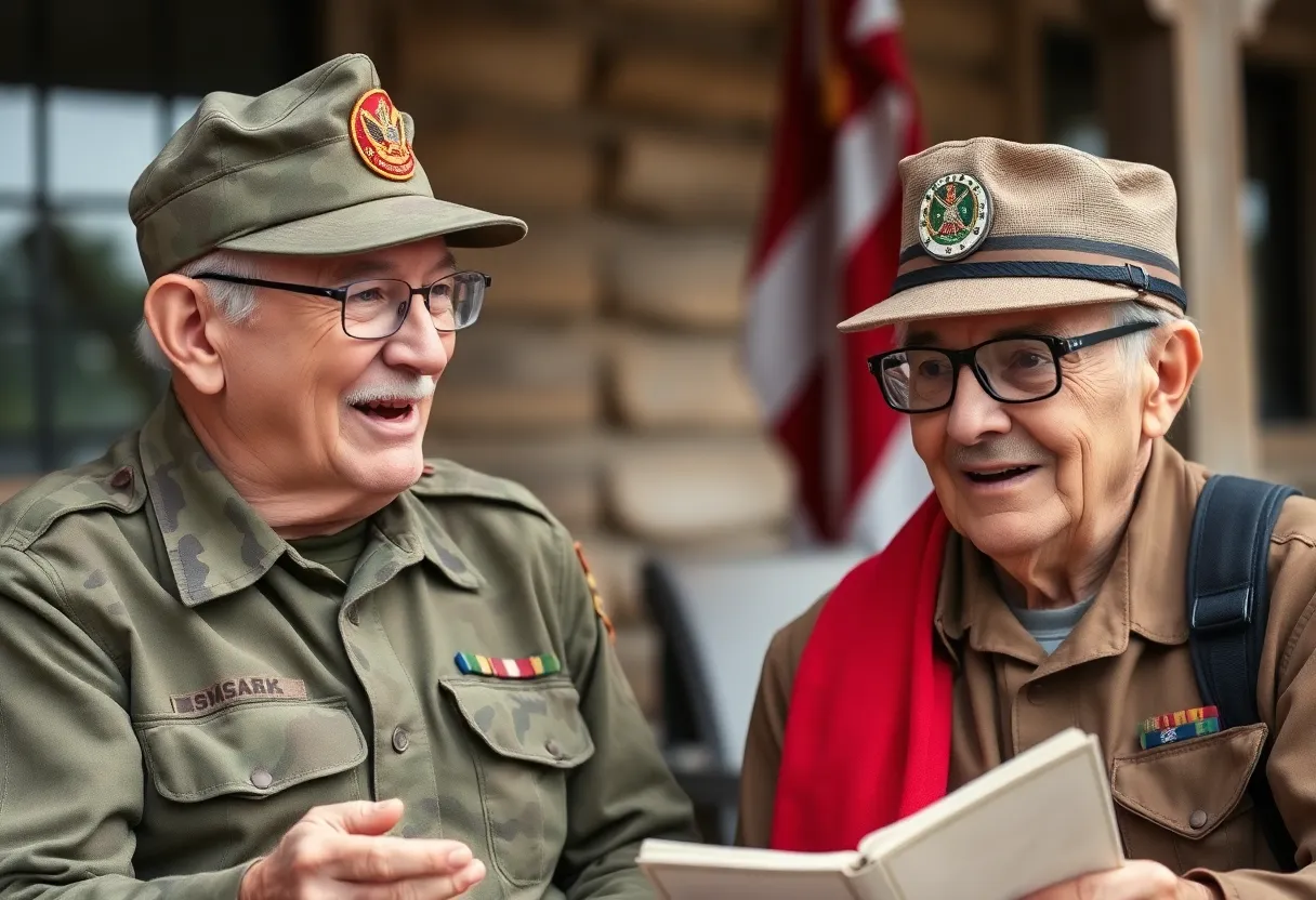 Elderly National Guardsman character sharing humorous stories.