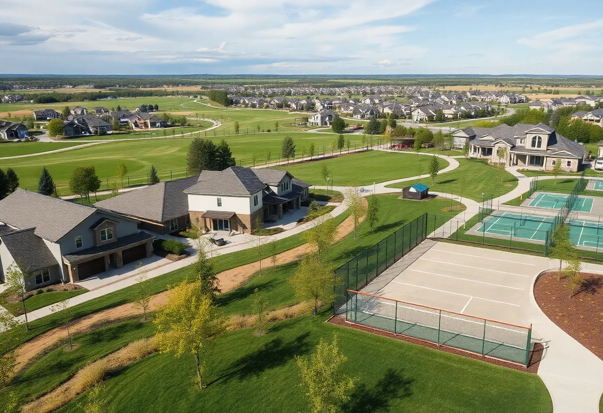 Conceptual image of a housing development with amenities in Bartlett