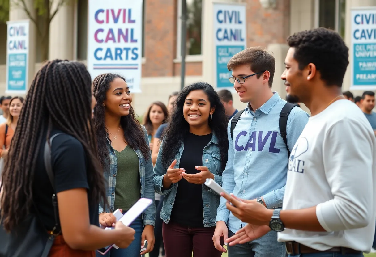 Young adults discussing political issues on campus during a tour event