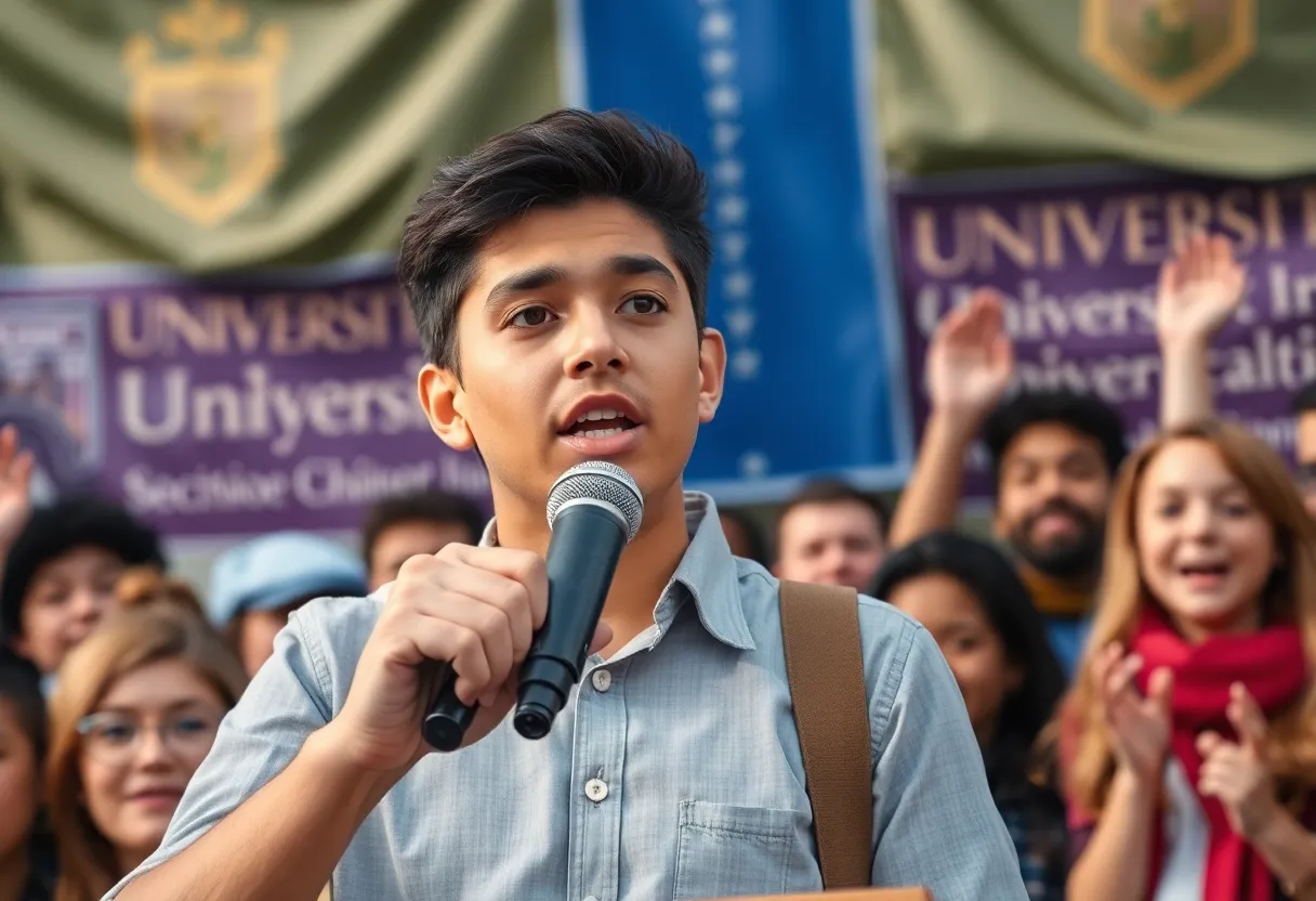Brilyn Hollyhand speaking at a university event about political activism.