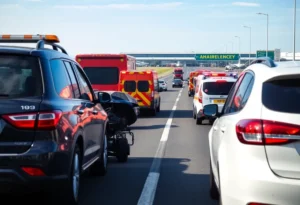 Scene of a car accident near Memphis International Airport with emergency responders