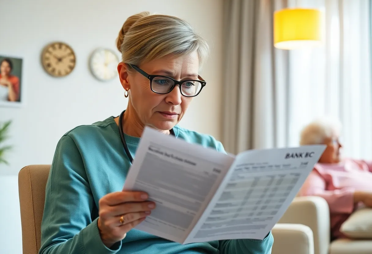 Caregiver analyzing a bank statement in a care facility setting.