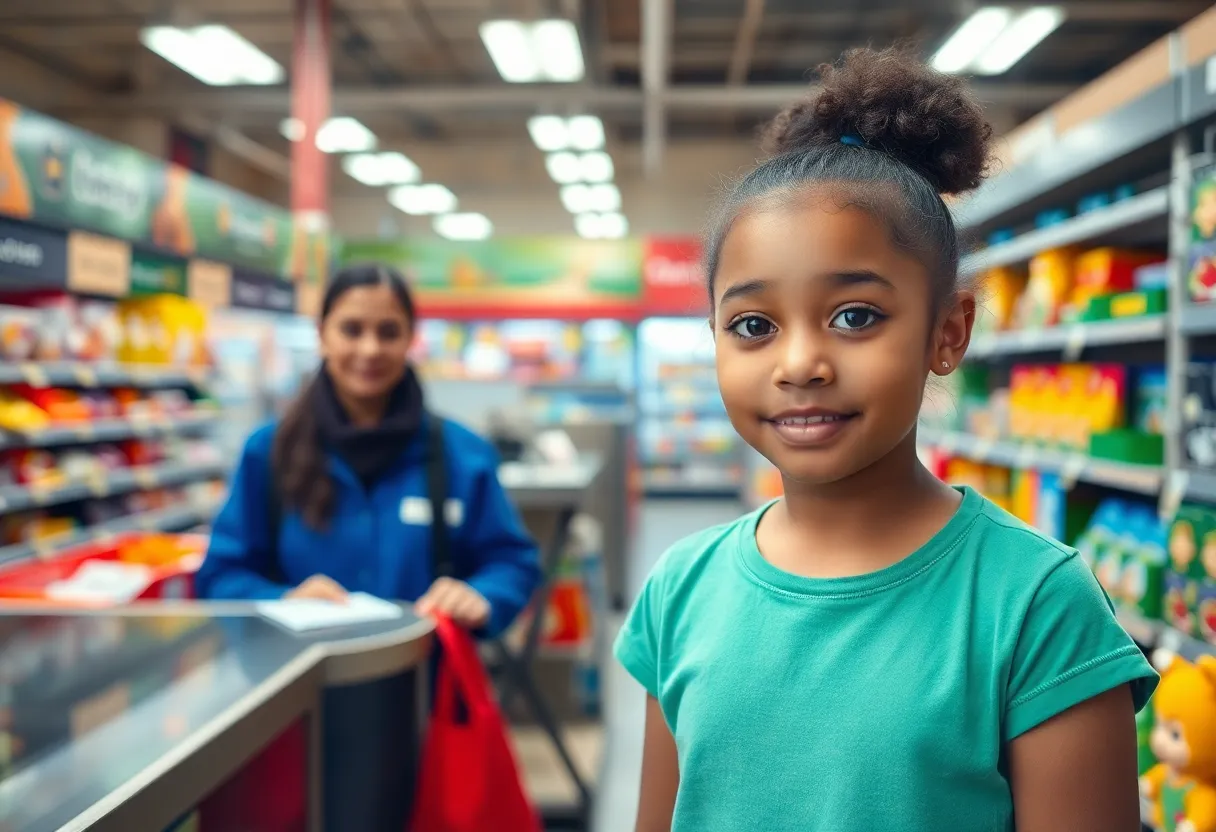 Illustration of a grocery store with emphasis on child safety.