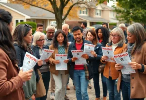 Community members looking for a missing woman with flyers