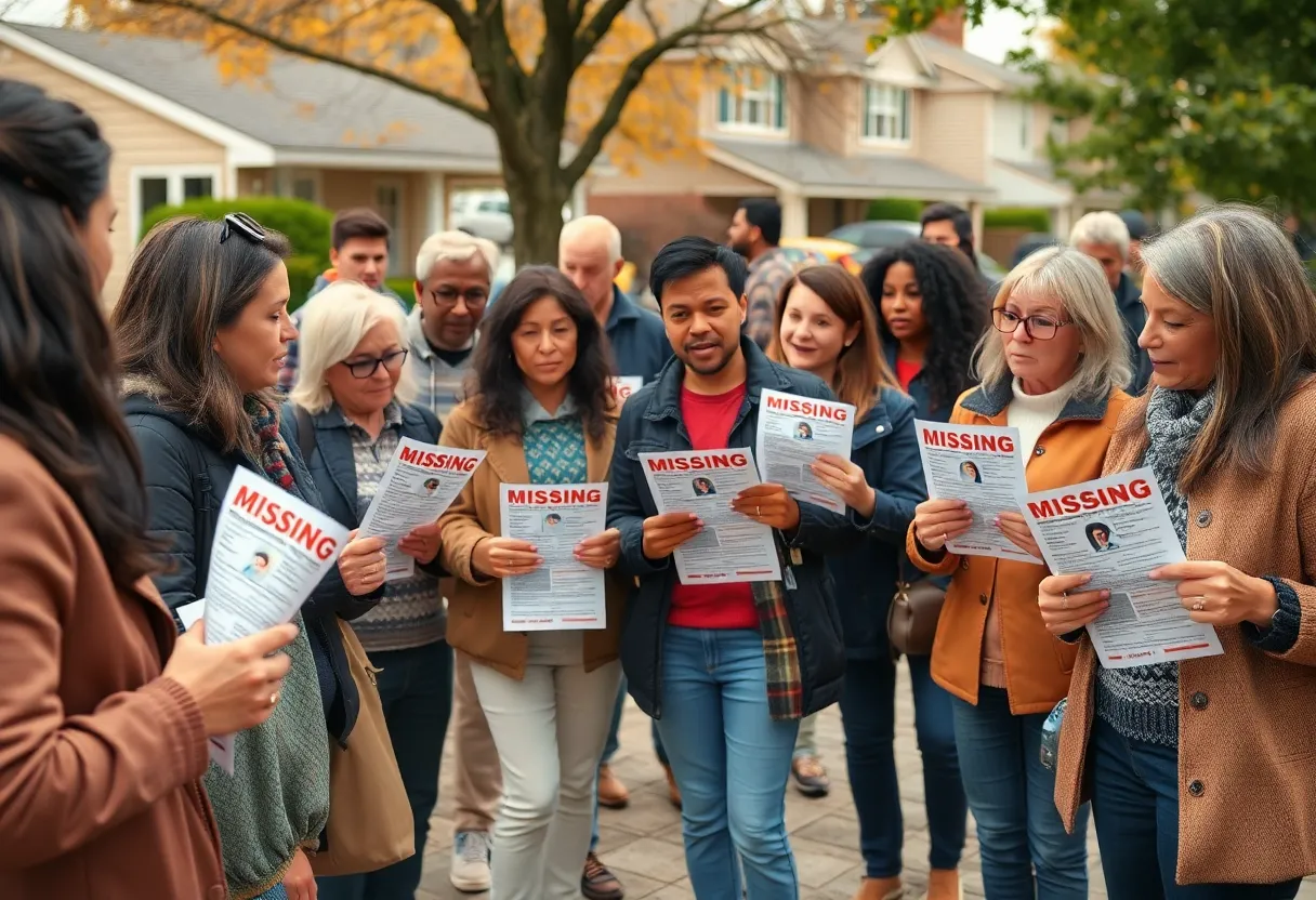 Community members looking for a missing woman with flyers