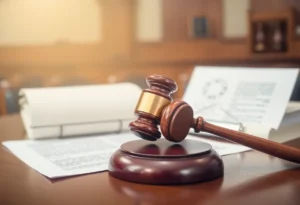 A courtroom with legal documents and a gavel for a lawsuit theme.