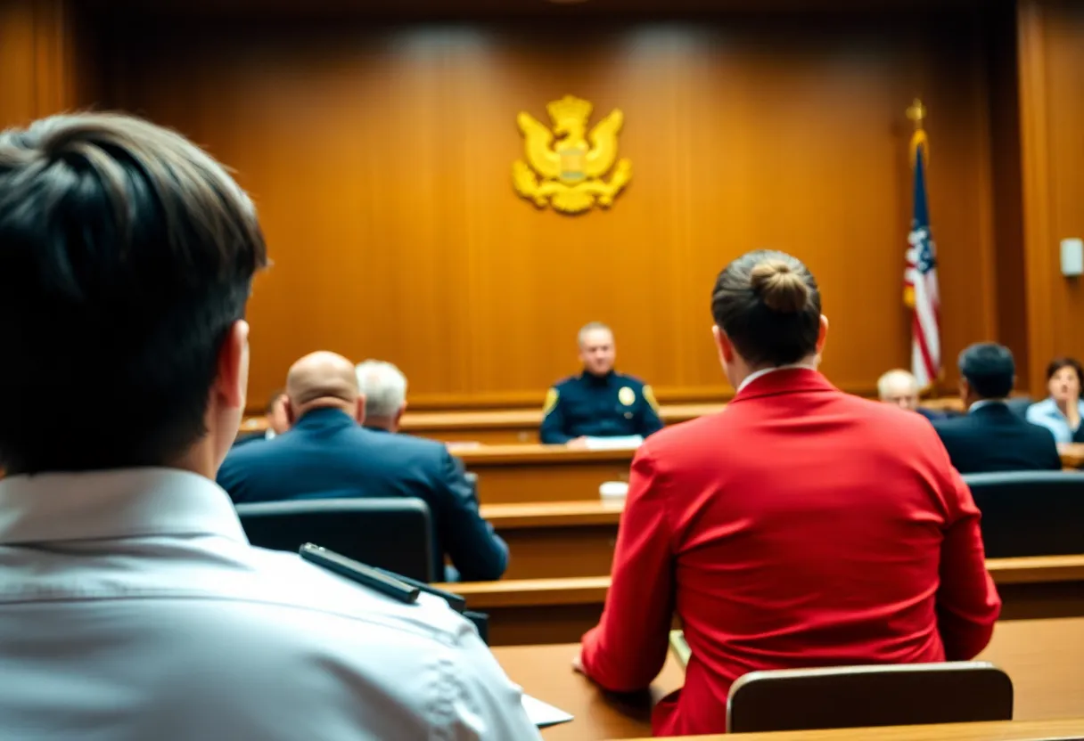 Courtroom scene representing legal trials and police accountability