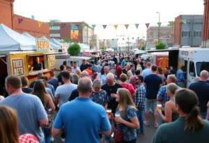 A lively crowd enjoying the Downtown Brew Hop celebration with craft beer and food trucks.