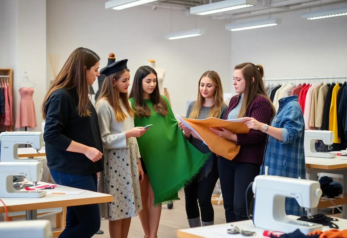Students evaluating fabric options in a fashion design classroom