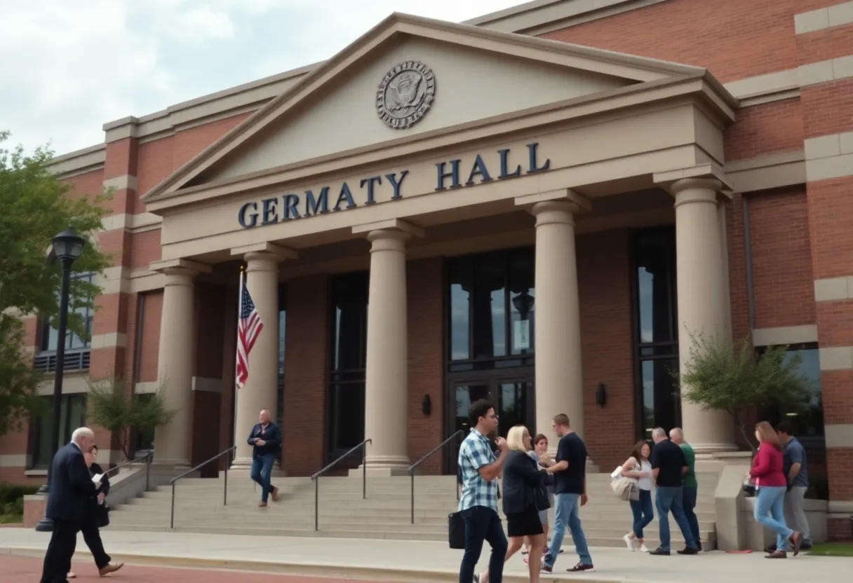 Exterior view of Germantown City Hall with citizens engaged in discussions