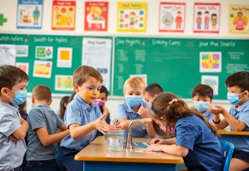 Children practicing hygiene in a classroom during HFMD outbreak