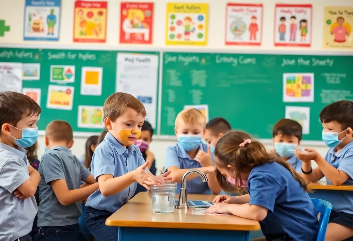 Children practicing hygiene in a classroom during HFMD outbreak