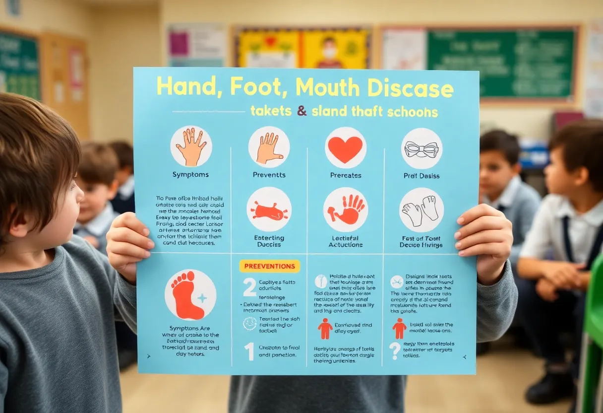 Infographic on Hand Foot and Mouth Disease symptoms and prevention