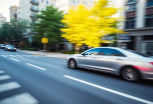 A silver car speeding through a neighborhood during a police chase.