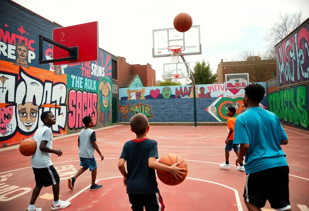 Local youth playing basketball in Memphis on a vibrant court.