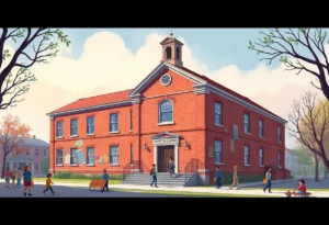 Illustration of Humes High School transformed into an arts education center