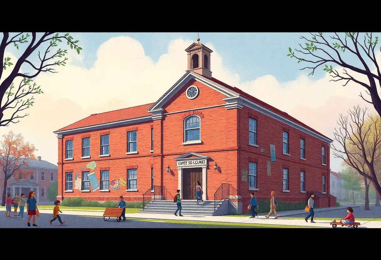 Illustration of Humes High School transformed into an arts education center