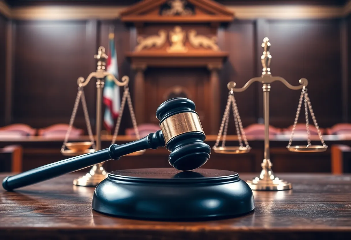 Courtroom scene with gavel and scales representing legal justice
