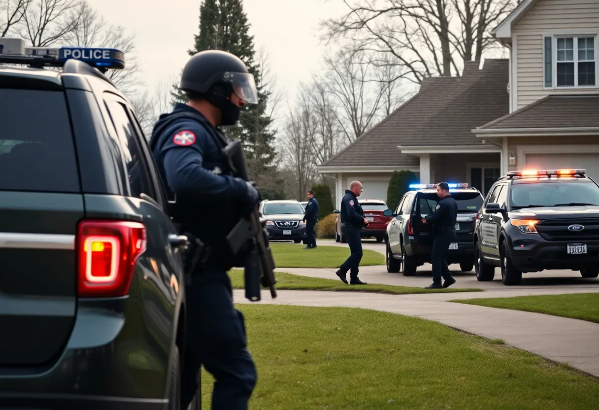 Law enforcement agents conducting an operation outside a suburban house