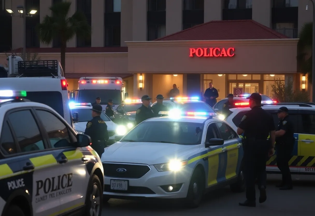 Law enforcement officers surrounding the OYO Hotel in Northeast Memphis