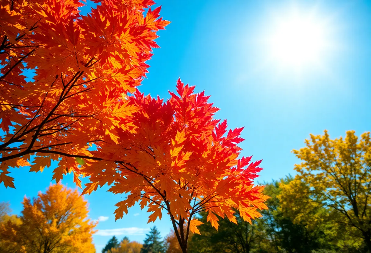 Colorful autumn leaves under a clear sky in Memphis