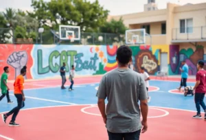 Renovated basketball court in Memphis with vibrant colors and community activities