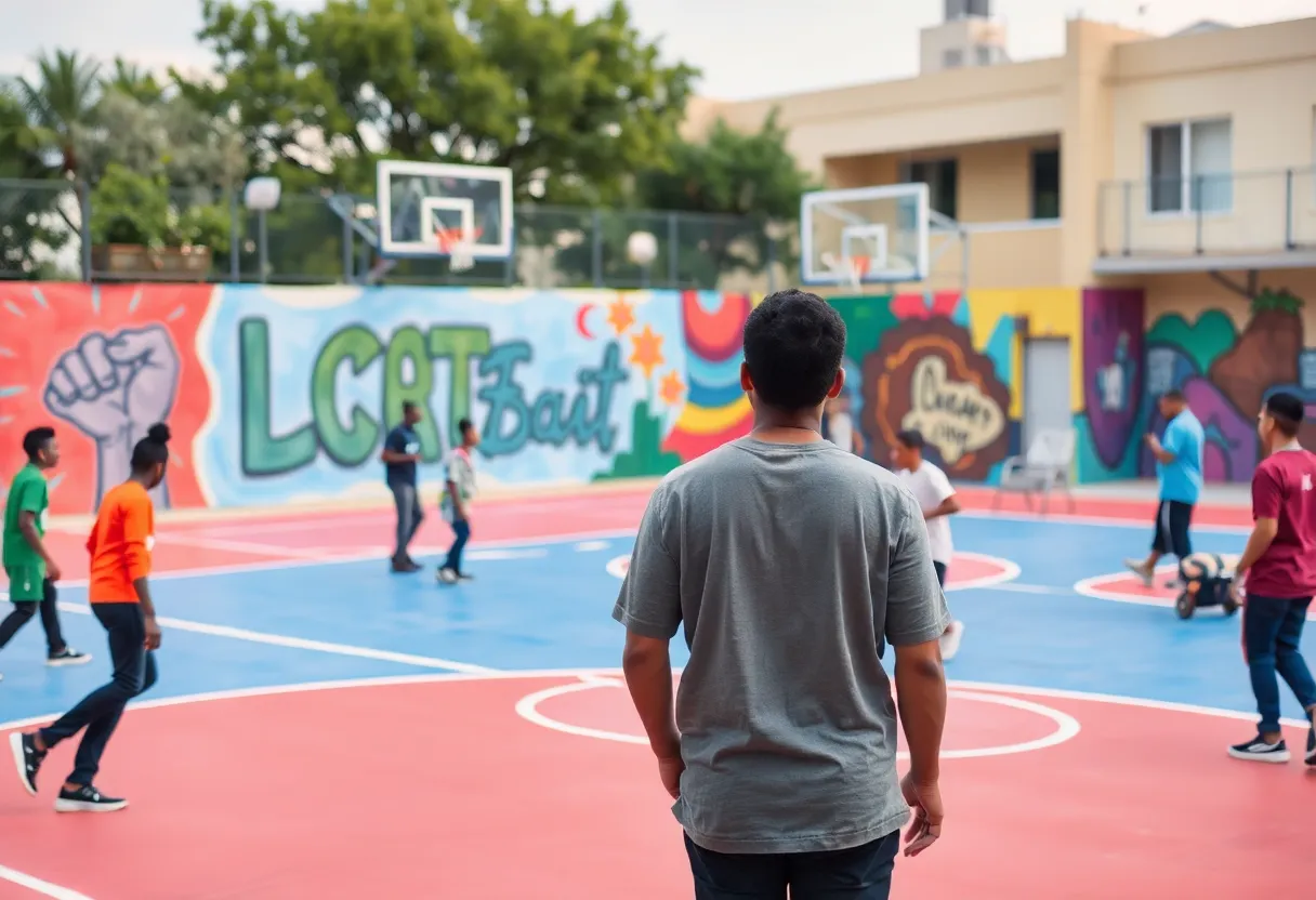 Renovated basketball court in Memphis with vibrant colors and community activities