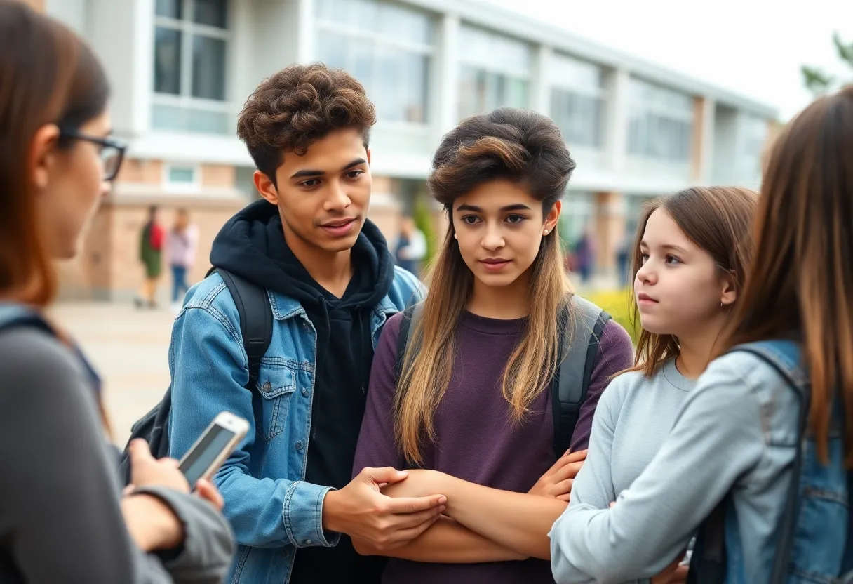 Group of teenagers discussing serious safety issues at school