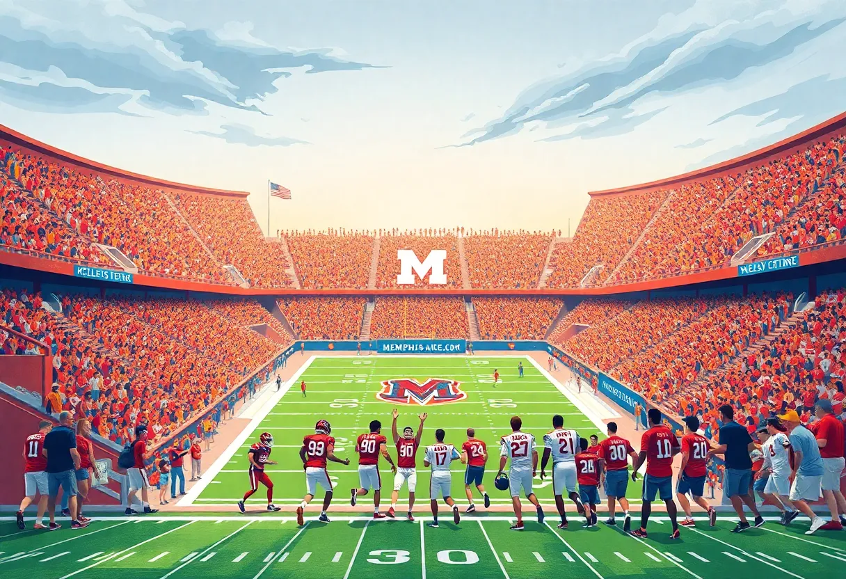 Memphis Tigers players celebrating after a touchdown in a packed stadium.