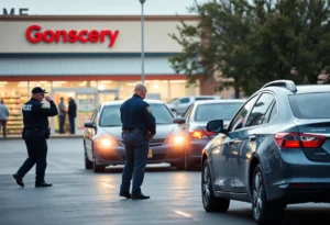 Police officers conducting a traffic stop outside a grocery store in Memphis.