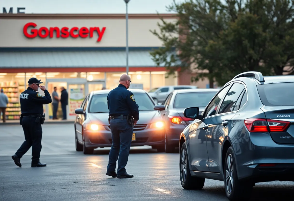 Police officers conducting a traffic stop outside a grocery store in Memphis.