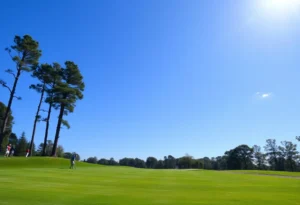 Golf players competing in a collegiate tournament at Lexington Country Club.