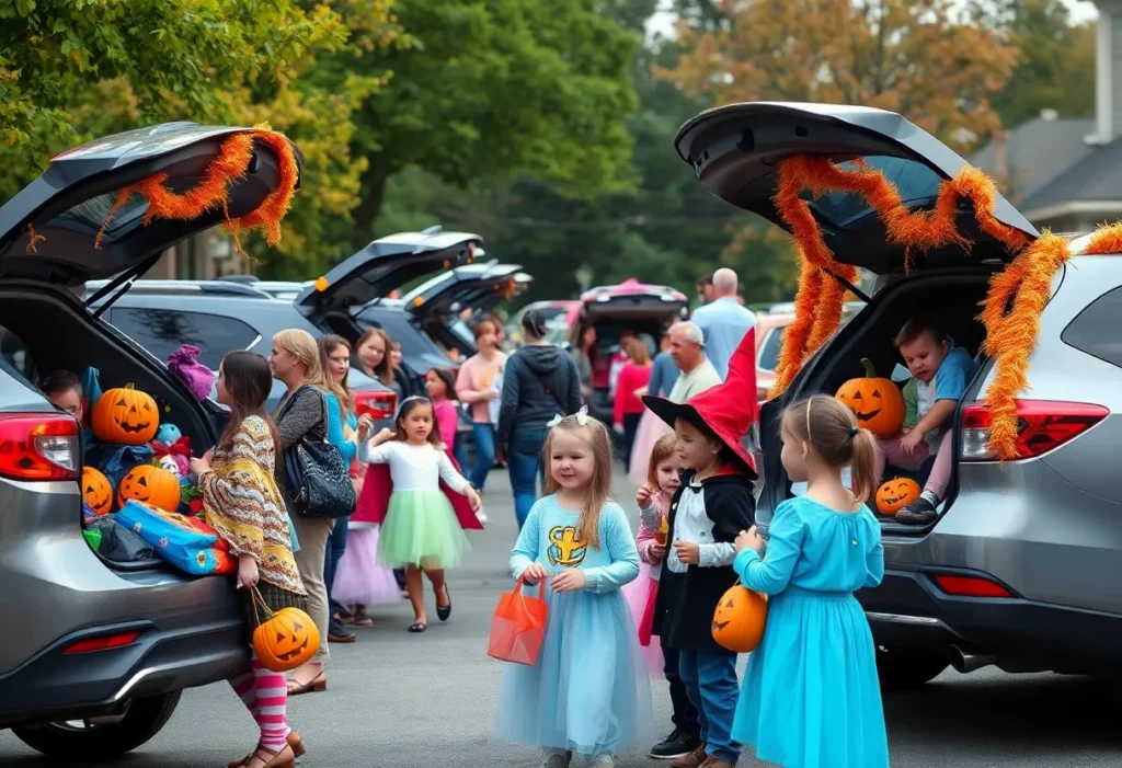 Families at a Halloween trunk-or-treat event.