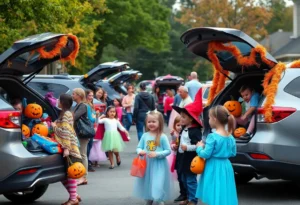 Families at a Halloween trunk-or-treat event.