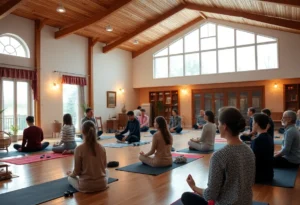 Community practicing mindfulness and meditation at Crosstown Concourse