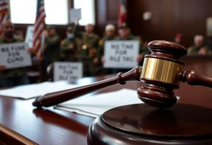 Courtroom with military presence and protesters outside