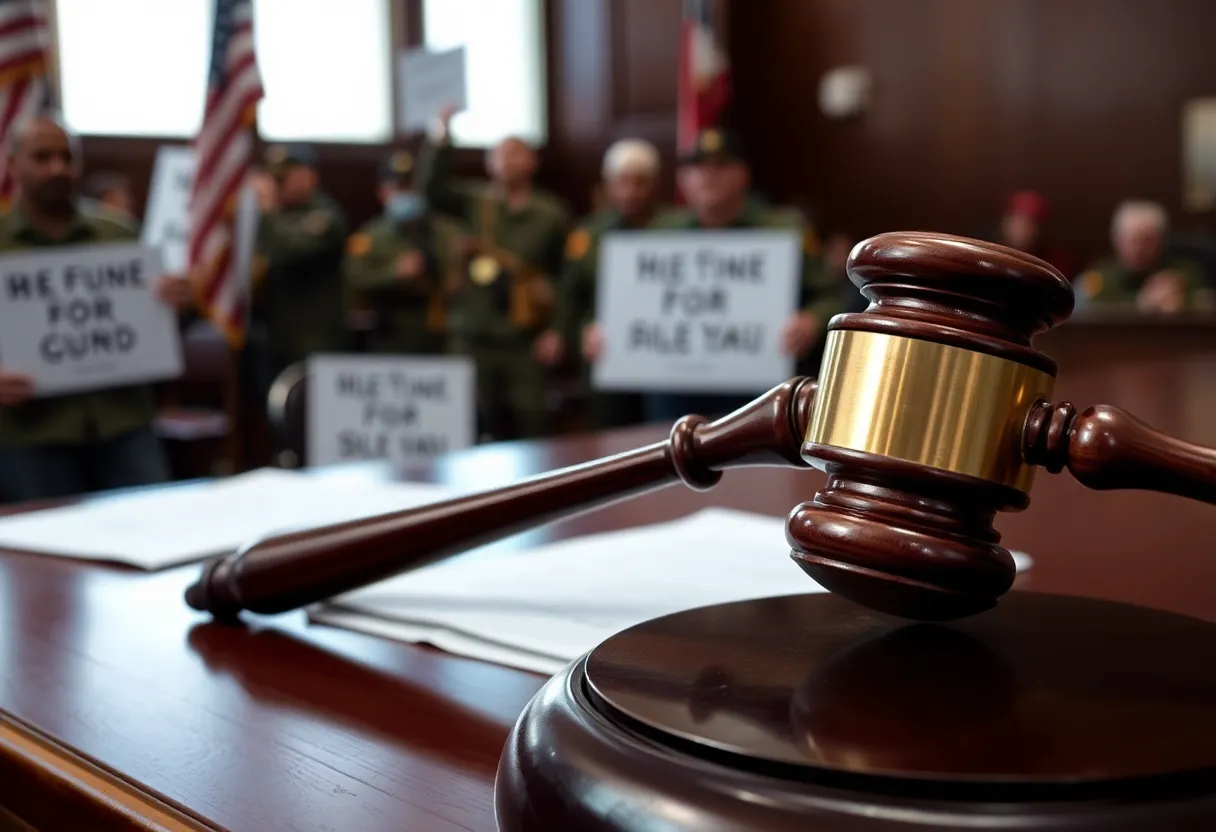 Courtroom with military presence and protesters outside