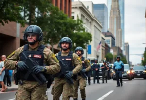 National Guard troops interacting with pedestrians in Downtown Memphis