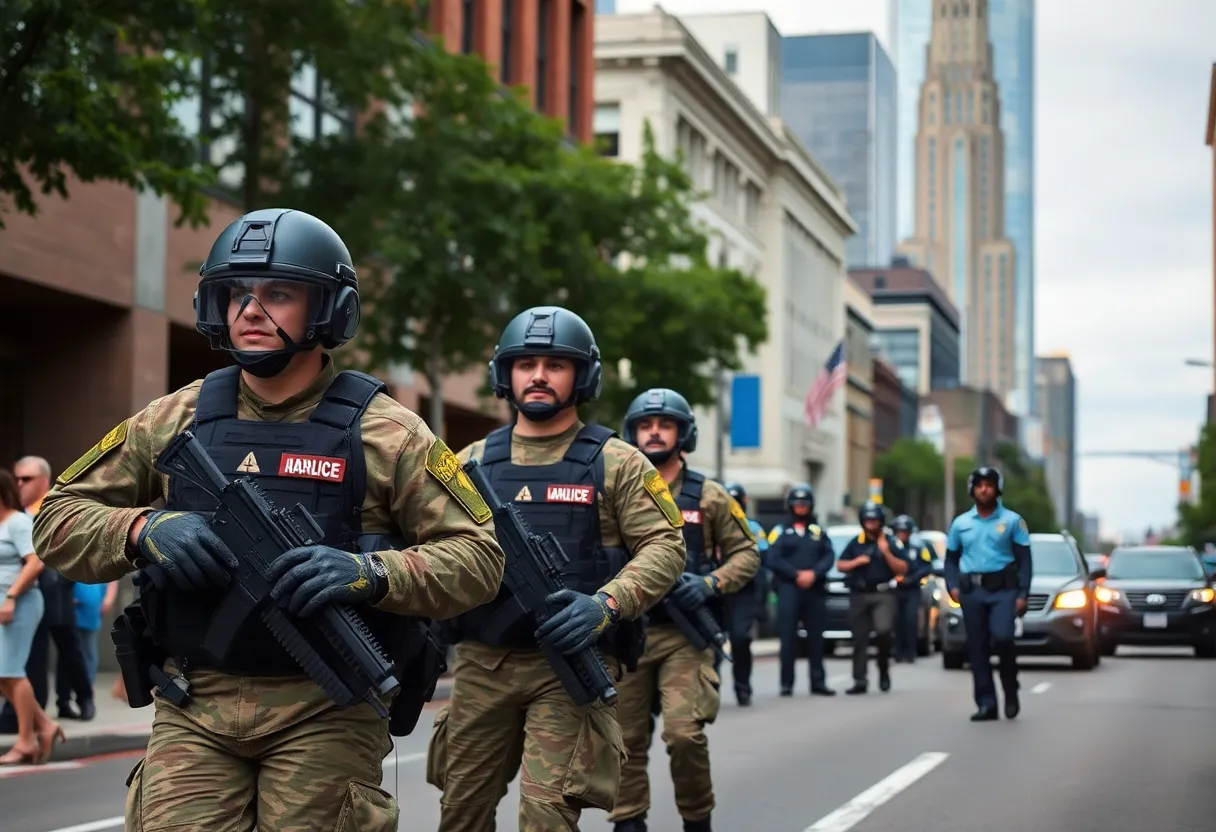 National Guard troops interacting with pedestrians in Downtown Memphis