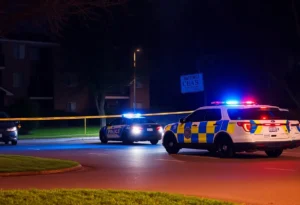 Police cars at an apartment complex during a nighttime investigation