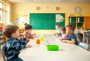 Children practicing hygiene in a classroom to prevent HFMD.