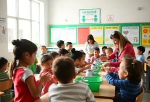Children in a classroom practicing hygiene during an HFMD outbreak.