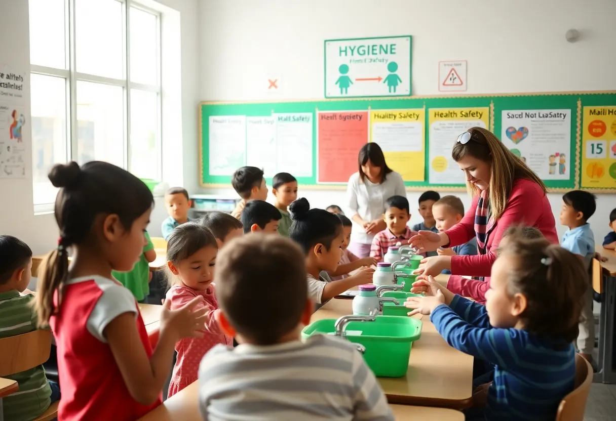 Children in a classroom practicing hygiene during an HFMD outbreak.