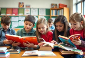 Students engaged in reading in a classroom setting