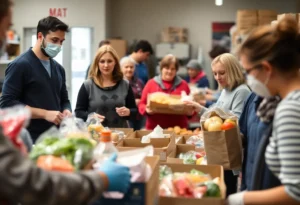Volunteers at a food pantry distributing food to families
