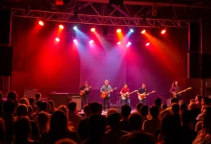 Tav Falco performing live on stage with an eclectic band