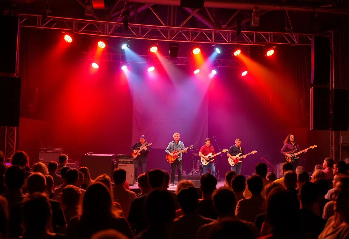 Tav Falco performing live on stage with an eclectic band